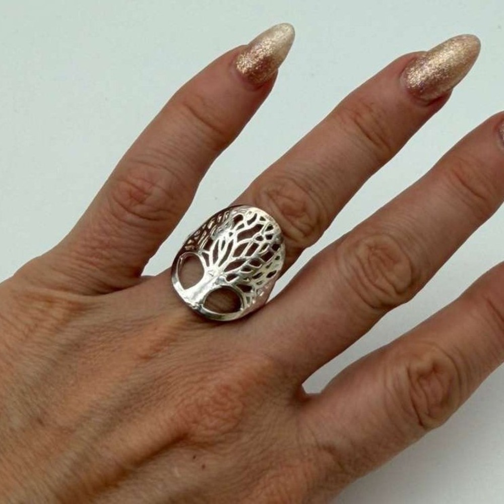 S925 Sterling Silver Tree Design Statement Ring Openwork Size 6 - Picture 2 of 10